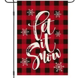 Let It Snow Winter Garden Flag - Black‎ & Red Buffalo Plaid Snowflakes